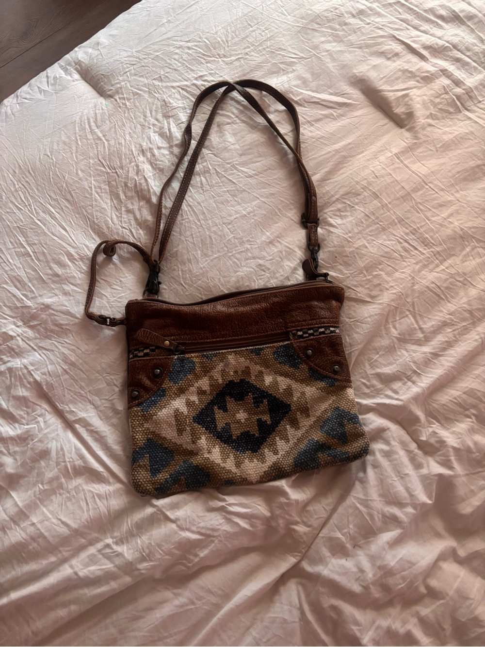 Myra-Woven Aztec Crossbody Bag with Brown Leather Trim